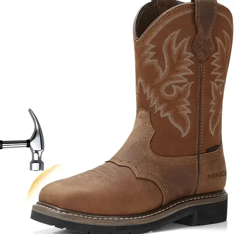 NINGO 2026 Upgraded Men's Closed Leather Waterproof Steel Toe Square Cowboy Safety Workboots - Nonslip Steel Toe Light Brown Work & Safety Footwear for Construction, Riding, Safety Work Footwear