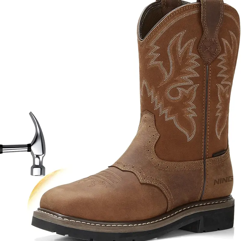 NINGO 2026 Upgraded Men's Closed Leather Waterproof Steel Toe Square Cowboy Safety Workboots - Nonslip Steel Toe Light Brown Work & Safety Footwear for Construction, Riding, Safety Work Footwear