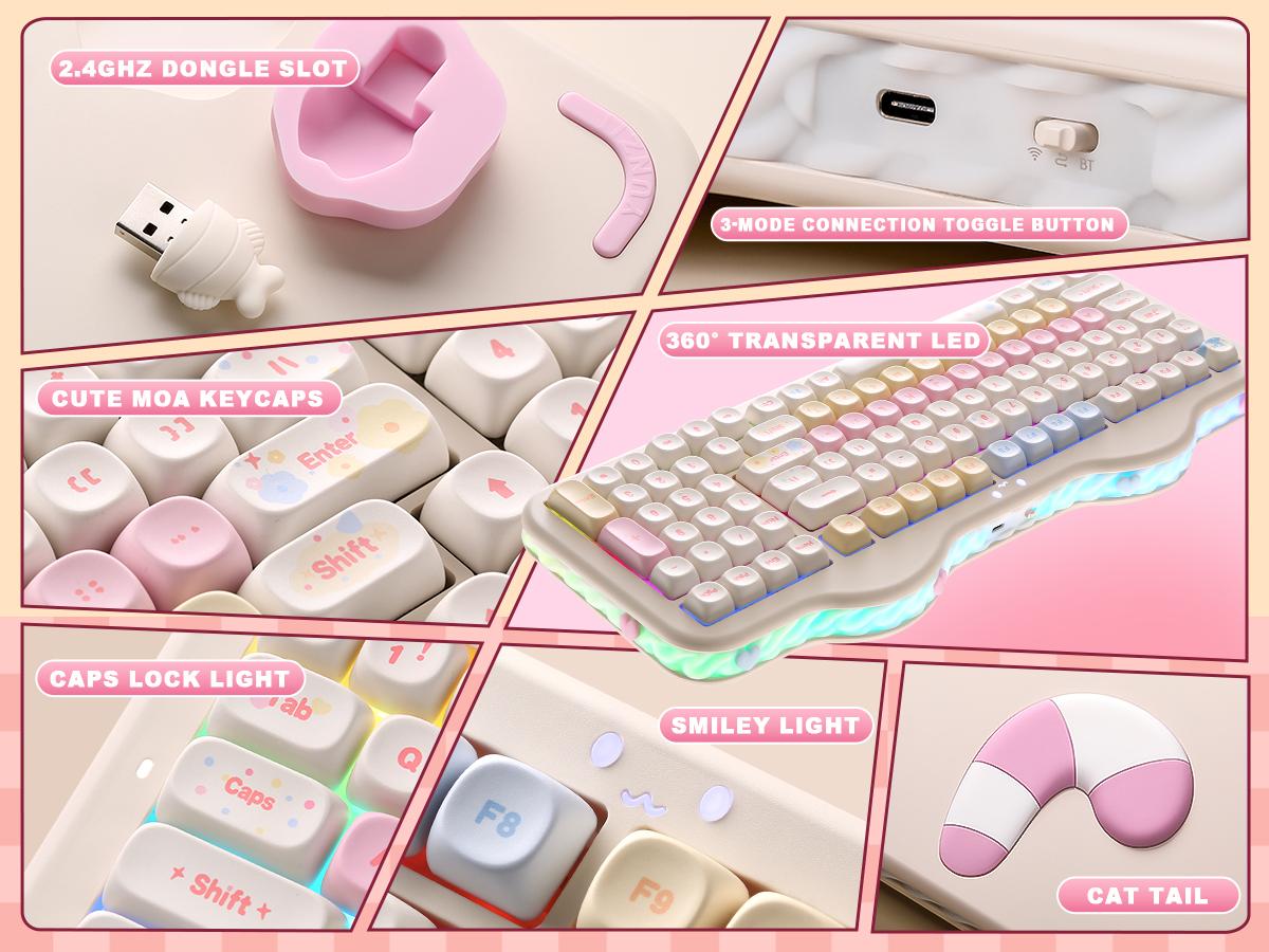 YUNZII C98 Wireless Mechanical Keyboard, 99-Key with Number Pad, BT5.0/2.4G/USB-C Hot Swap Gasket Mount with PBT MOA Keycaps, Custom RGB, Cute Cake Keyboard for Win/Mac