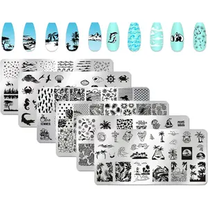 6pcs Seaside Scenery Nail Stamping Plate Kit Summer Beach Coconut Trees Sunset Waves Sea Animals Image Nail Stamper Kit for Nails