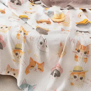 Kitty Cats Modern Cute Kids Big Girls Muslin Blanket Throw Indoor for Bed Sofa Couch, 100% Combed Cotton Soft Summer Lightweight Bed Coverlet Quilt Full Queen 80 in x 90 in