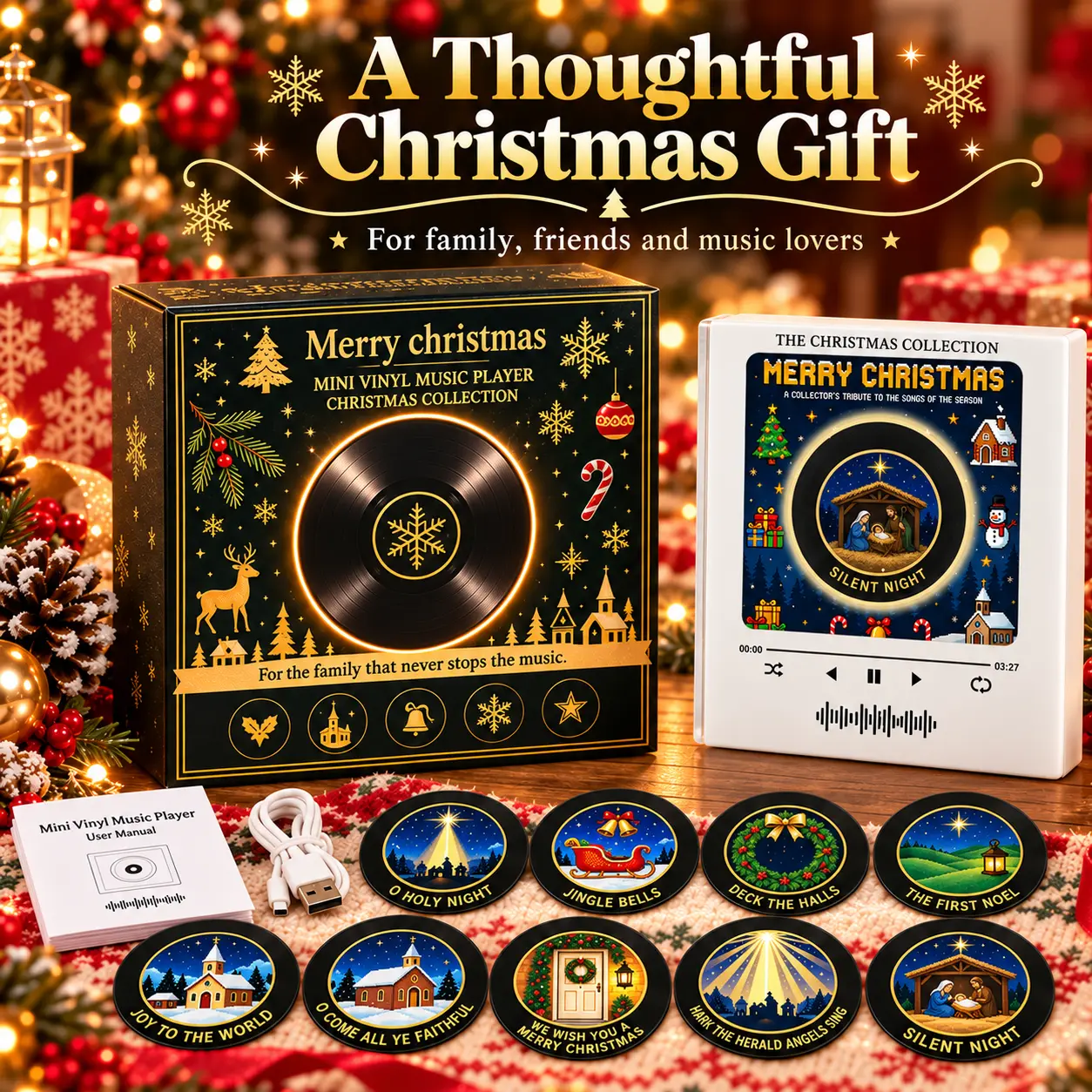 Christmas Programmable NFC Vinyl Fridge Magnet MP3 Player, 9 Mini Music Discs, PC-Customizable, USB-Charging Retro Magnetic Music Box, 9 Disks