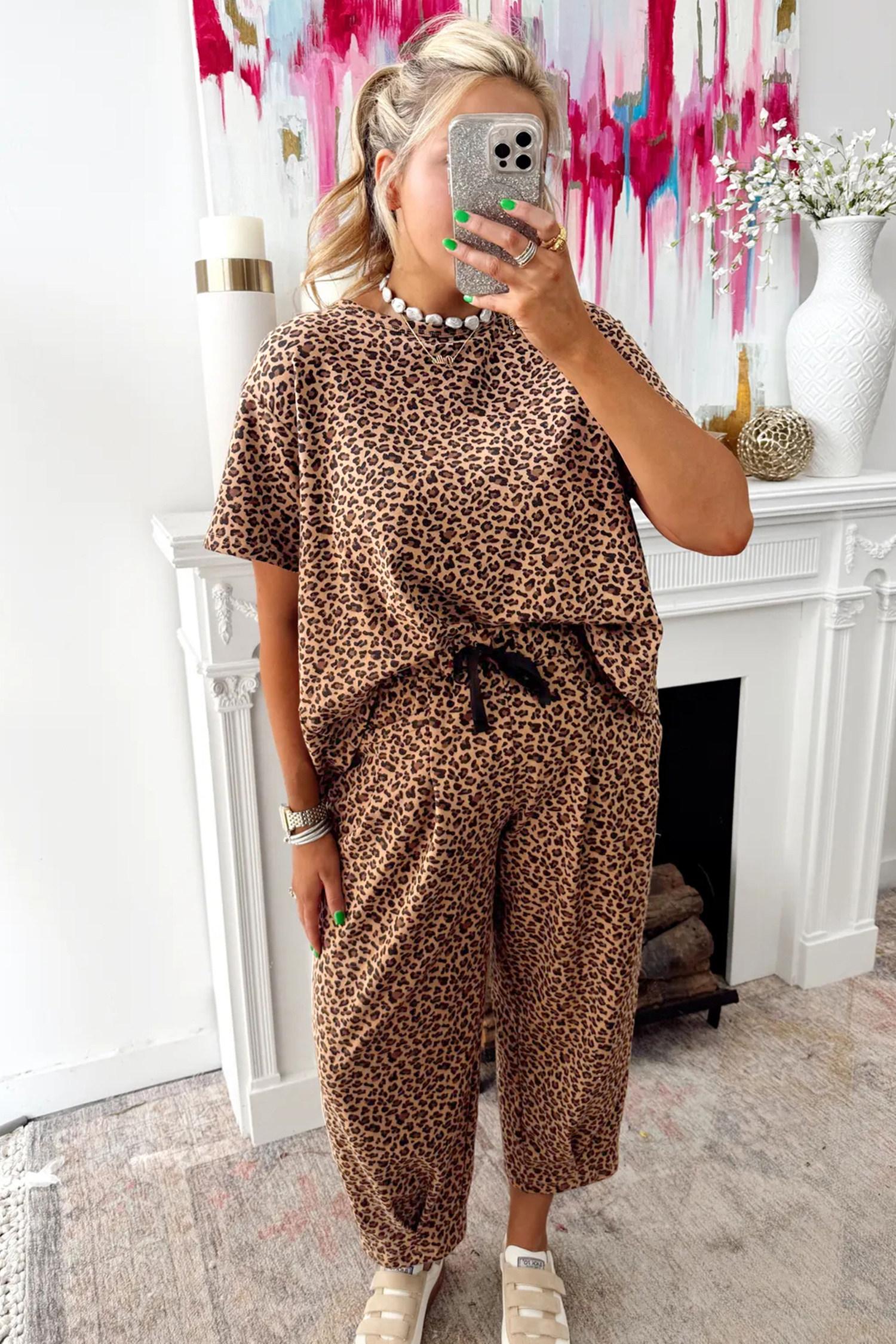 Mntaor Women’s Brown Leopard Print High-Low Loose Top & Ankle-Length Drawstring Pants Set Soft Casual Outfit for Everyday Wear Weekend Errands or Stylish Loungewear Pajama
