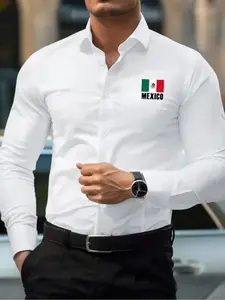 Men's Slim Fit Mexican Theme Formal Shirt, Mexico Flag & Mexico Print, Smooth Fabric, Casual Urban Style Half-Formal Outerwear