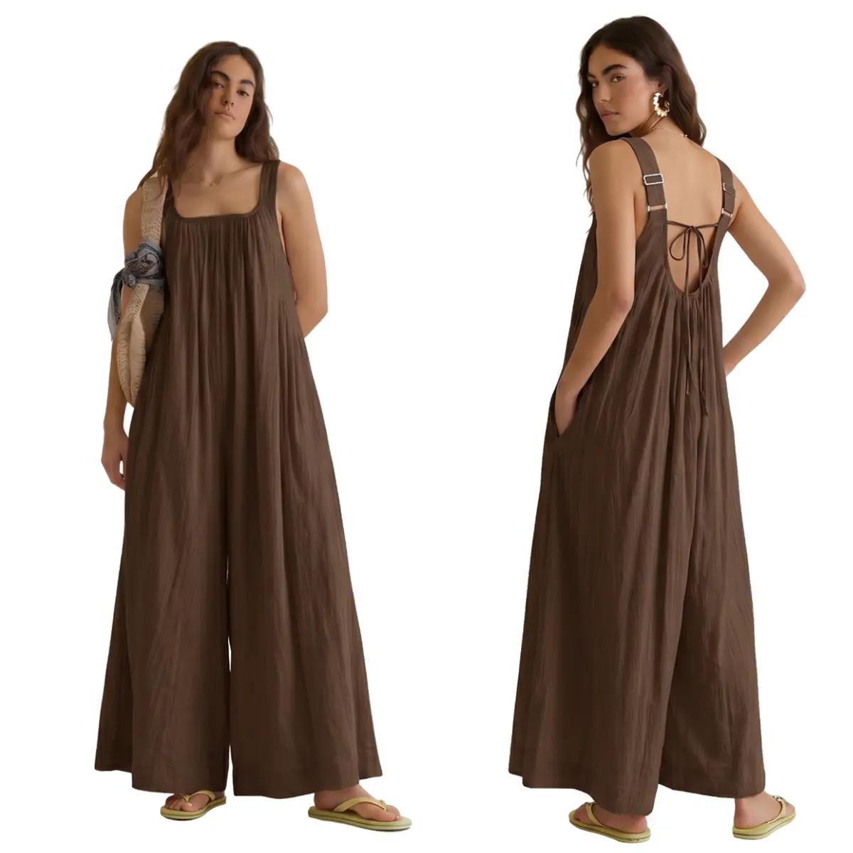Chicovar Women's Loose Wide Leg Jumpsuit, Sleeveless Backless Romper with Pockets, Adjustable Straps, Back Tie, Loose Fit, Casual Vacation Music Festivals Boho Travel Outfit Overalls Overalls