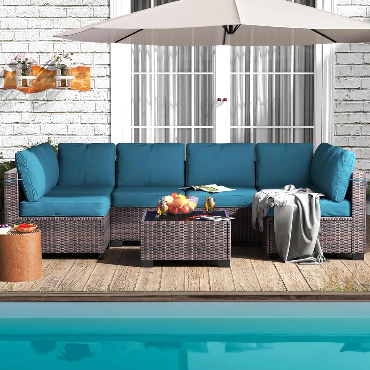 Patio Furniture Set 7 Pieces, PE Rattan Wicker Outdoor Sectional Patio Conversation Set with Waterproof Cusions and Coffee Table