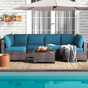7-Piece PE Rattan Wicker Outdoor Patio Sectional Conversation Set with Waterproof Cushions, Coffee Table