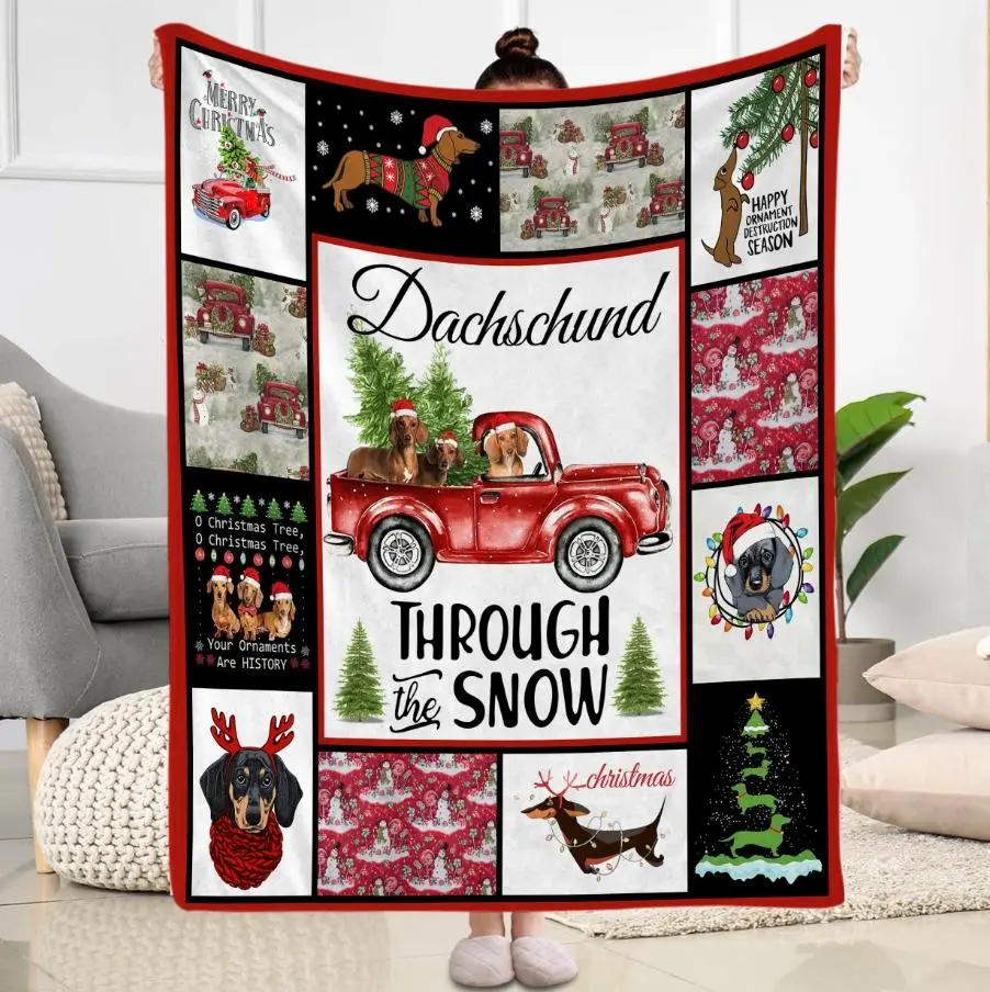 Dachshund Through The Snow Red Car Christmas Blanket, Xmas Dachshund Dog Sherpa, Dachshund Owner Gifts, Pet Blanket Gifts