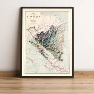 Nicaragua Map, Nicaragua 2D Relief Map, Nicaragua Vintage Map - Unframe Print