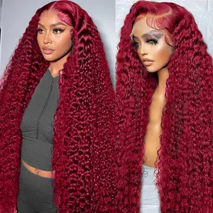 VRbest 99J Burgundy 180% Density Deep Wave 13x6 Full Frontal HD Lace Front Curly Wig for Women with Baby Hair FWet and Wavy HD Lace Front Wig Pre Plucked 100% Real Human Hair No Tangle No Shedding Triple Lifespan 3X