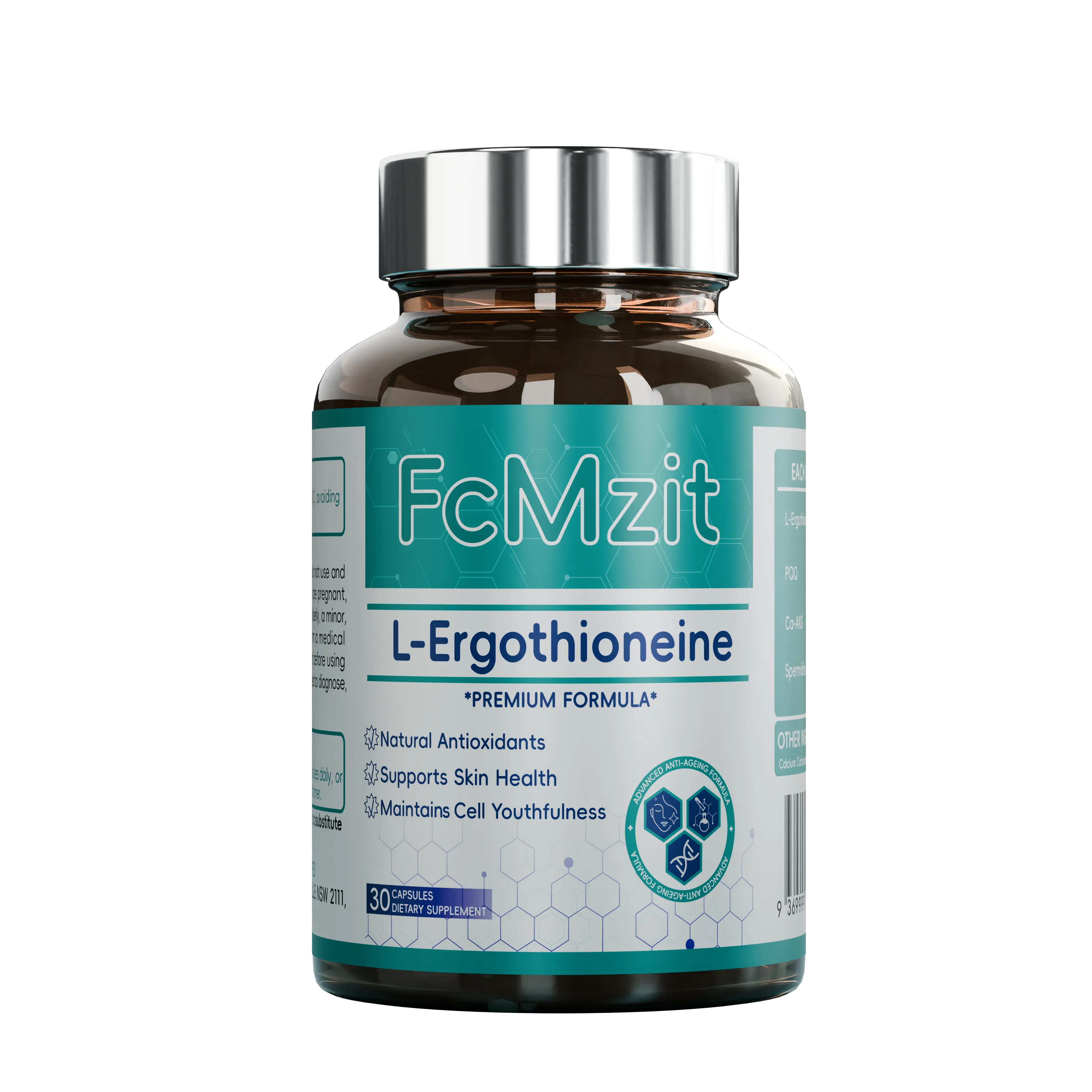 4-in-1 L-Ergothioneine Complex Dietary Capsule Anti-Aging Supplement - Ergothioneine, AKG, PQQ, Spermidine, Third Party Tested, Cellular Support, Radiant Skin, Strong Hair, Sustained Energy, Oxidative Stress Reduction, Bioactive Mix
