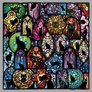 50Pcs Stained Glass Black Cat Stickers - Medieval Gothic Dark Witch Kitty Stickers for Laptops,Water Bottles,Scrapbooking,Journals,Halloween Decor