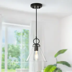 Farmhouse Pendant Light with Clear Glass Shade, Adjustable Hanging Ceiling Light Fixture for Kitchen Island, Modern Industrial Pendant Lighting for Dining Room, Bar, Living Room, E26，Bulb not included, Black/Brushed Nickel/Chrome Finishes Available