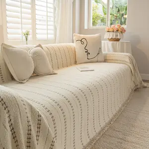 Reversible Half Velvet Chenille Retro Stripe Sofa Blanket, Universal Sofa Slipcover for 1/2/3 Seater L-shaped Sofa, Anti-Cat Scratch Non-Slip, 4 Seasons Use for Home Living Room Minimalist Decor