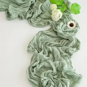 Bohemian Style Green Crinkle Table Runner Rustic Boho Table Decoration for Bridal Shower, Dinner & Holiday Events