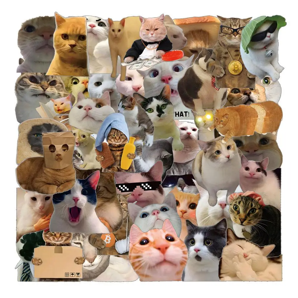 Cute Cat Meme Sticker, 50pcs/set Waterproof Self Adhesive Decor Paper, Decor Sticker for Gift Greeting Card Water Bottle Laptop Phone