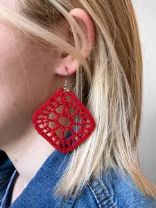 Red Diamond Shaped Geometric Crochet Earrings - Boho Themed Jewelry