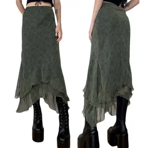 Women’s midi skirt, adult printed high-waisted pleated skirt, summer women’s dress, military green, sizes S/M/L