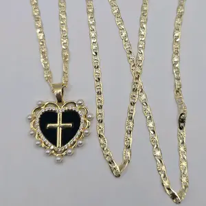 Heart with cross beautiful necklace with pearls regular style gold-plated chains 18"inches 24"inches
