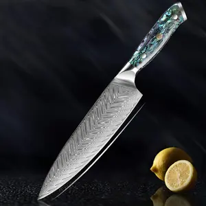 "Umi" Damascus Steel Japanese Chef Knife with Real Abalone Shell Handle - 67-layer Japanese Damascus VG10 Steel, 8" Full-Tang Blade - Senken Knives