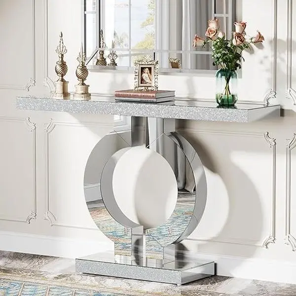 LITTLE TREE 43-Inch Mirrored Console Table with O-Shaped Base, Glass Entryway Table for Living Room, Modern Narrow Silver Sofa Table with Mirrored Finish for Hallway Entrance