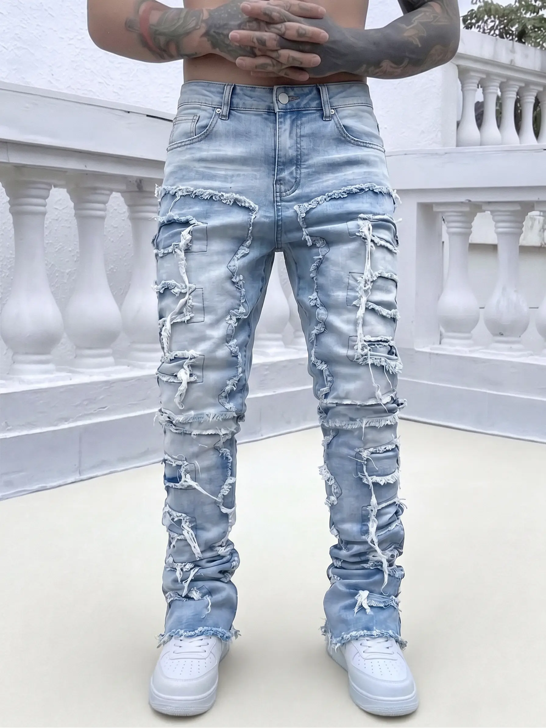Men's Grunge Stacked Flare Jeans - Menswear, Vintage Light Wash Distressed Patchwork Denim with Textured Layered Fringe, Oversized Strip Graphic Tops & Sneakers