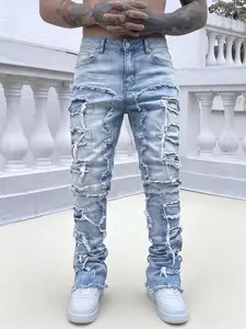 Men’s High-Rise Stacked Distressed Flare Jeans - Light Wash Ultra-Frayed Layered Fringe Grunge-Inspired Menswear Denim with Patchwork, Oversized, Strip, Plain Details for Streetwear