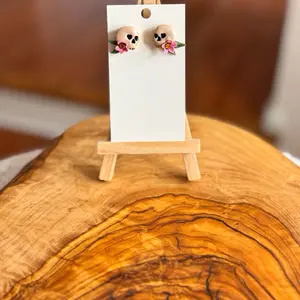 Halloween Skull Polymer Clay Earrings Studs Surgical Steel Hypoallergenic with Floral Accents Unique Design