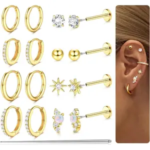 YADOCA 8Pairs Flat Back Earrings 14K Plated Gold Surgical Steel Earring Hypoallergenic Small Hoop Huggie Earrings for Women Men 18G Internal Thread Cartilage Helix Conch Tragus Piercing Jewelry