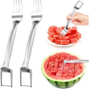 2 PCS Stainless Steel Watermelon Slicer and Fork - 2-in-1 Portable Kitchen Tool for Home Camping and Parties