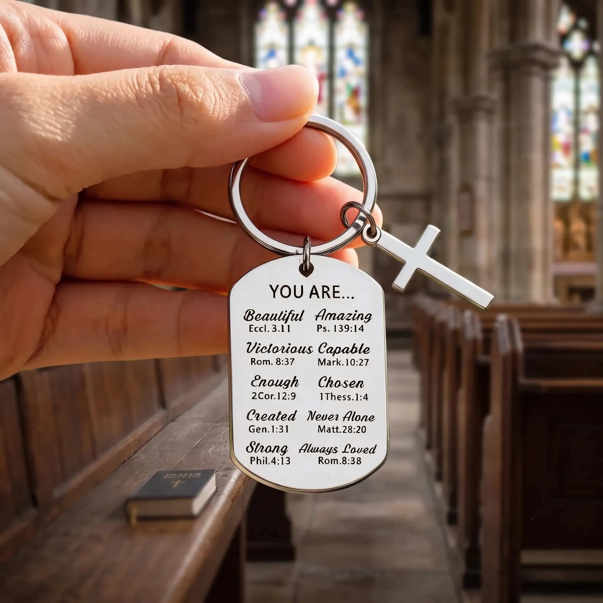Stainless Steel Christian Faith Keychain - Bible Quotes Reminder Charm, Compact Unisex Religious Gift Ideas for Family Friends
