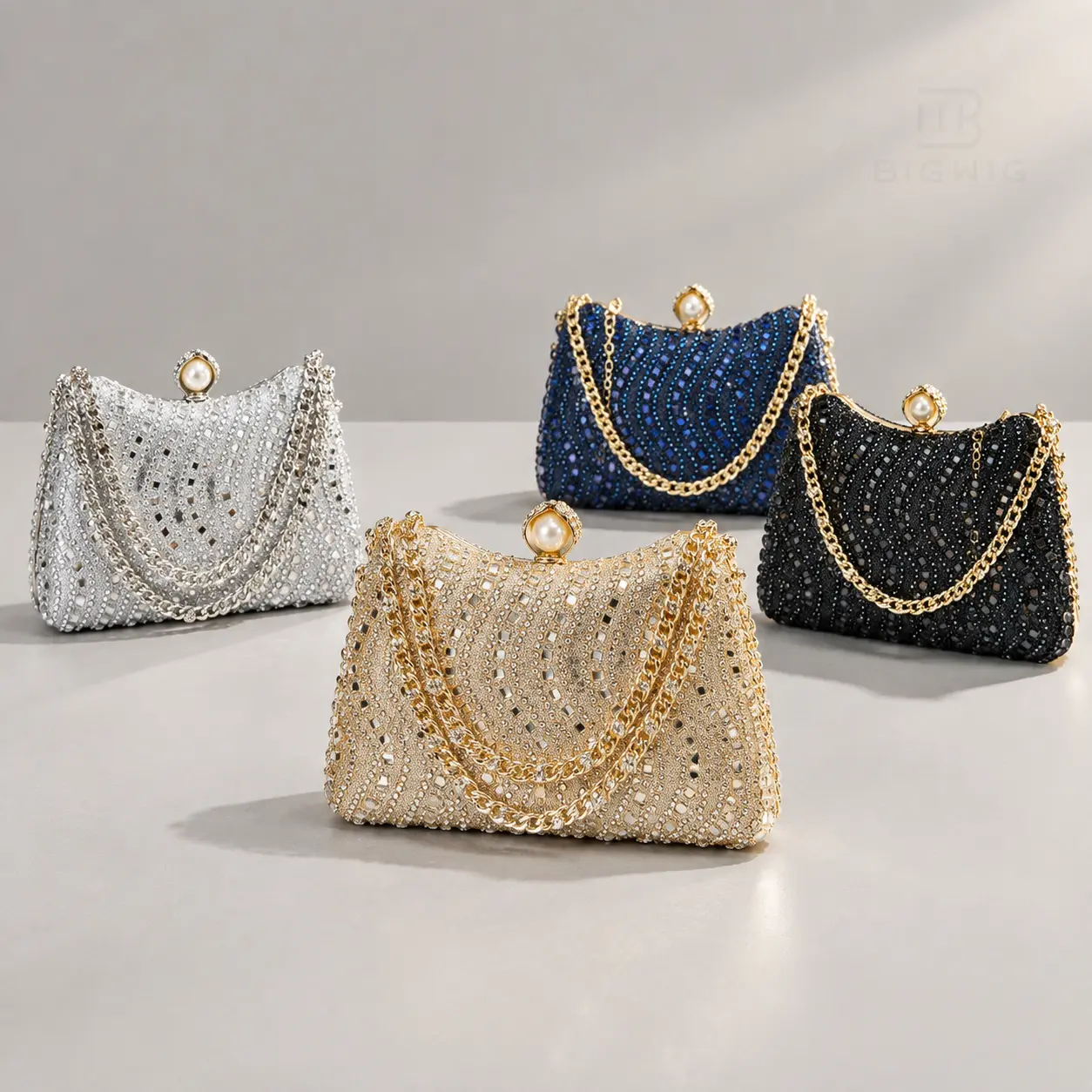 Women's Stylish Black Rhinestone Evening Clutch Bag - PU Surface, Faux Pearl Lock, Gold Chain, Phone Pocket - for Wedding, Prom Formal Events