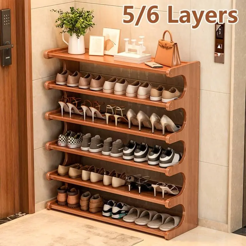 Bamboo Shoe Rack with Wood-Grain Finish, 5/6-Tier Space-Saving Shoe Storage, Holds 6/15/24 Pairs, Easy to Assemble, for Front Door Entrance, Hallway (Christmas Gift Option)