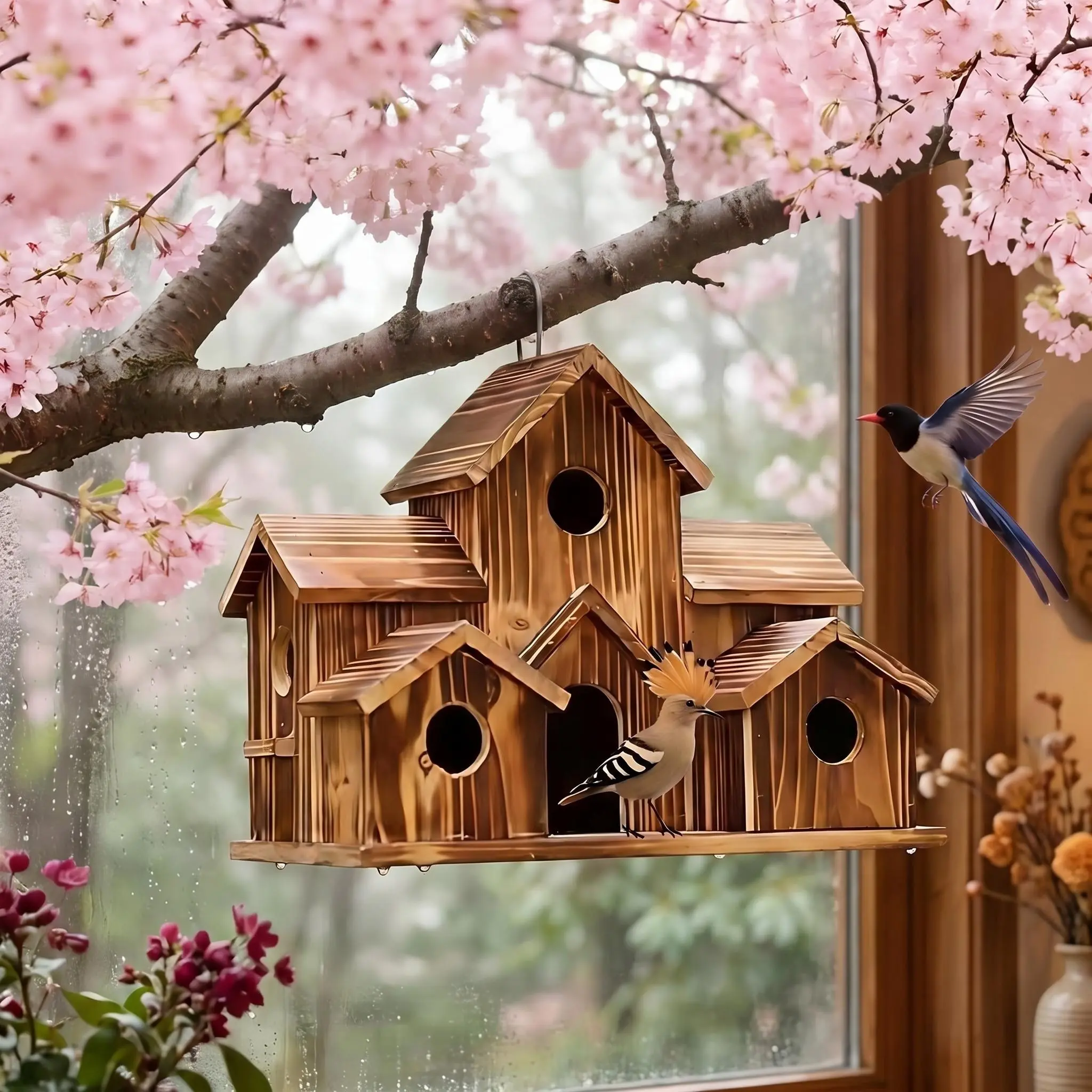 Wooden Outdoor Bird House for Outside - 6-Room Multi-Chamber Hanging Nest Box, Country Cottage Style, Water-Resistant for Bluebirds & Small Wild Birds, Pet Supplies for Backyard Birders, Cages & Accessories