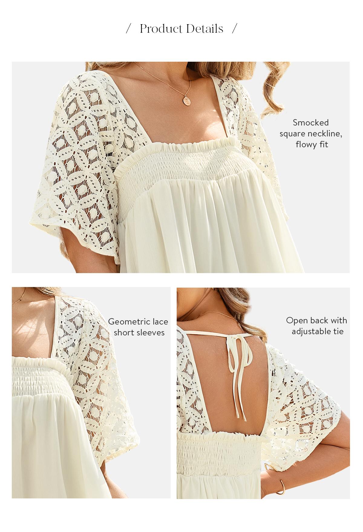 Chicovar Women's Boho Summer Babydoll Dress Square Neck Short Sleeve Hollow Out Lace Ruffle Beach Vacation Mini Dress Flowy A-Line Casual Sundress with Lining Not See Through,Easter dress