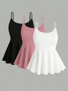 Women's Plus Size 3 Piece Cami Tops Set Peplum Tank Shirts Spaghetti Strap Solid Color Flowy Tummy Control Fitted Casual Summer Basic Lounge Outfits Trendy