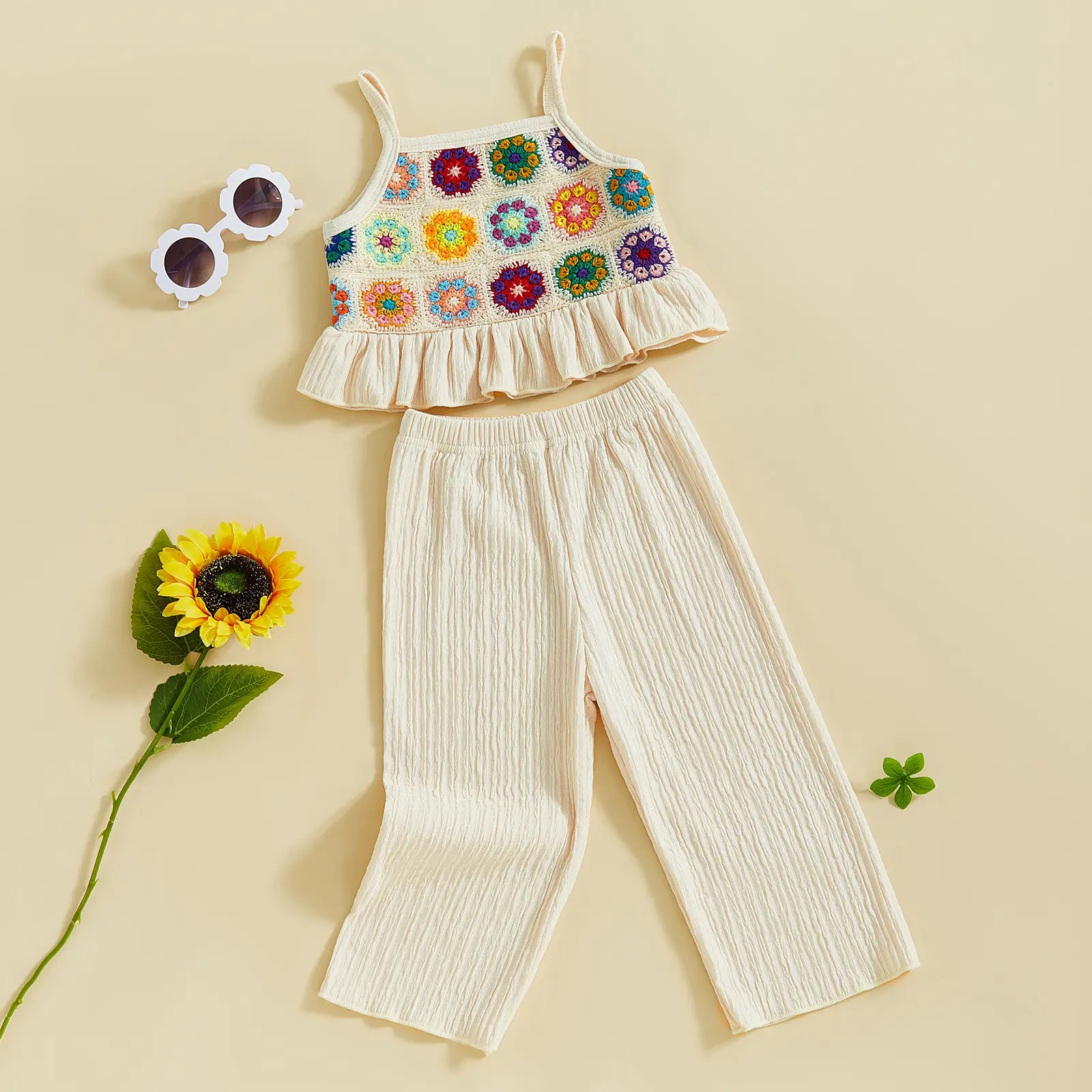 Bohemian crochet vest and wide leg pants set for children and girls, ruffled dress with cute colorful flowers, soft summer casual wear (6M-4Y)