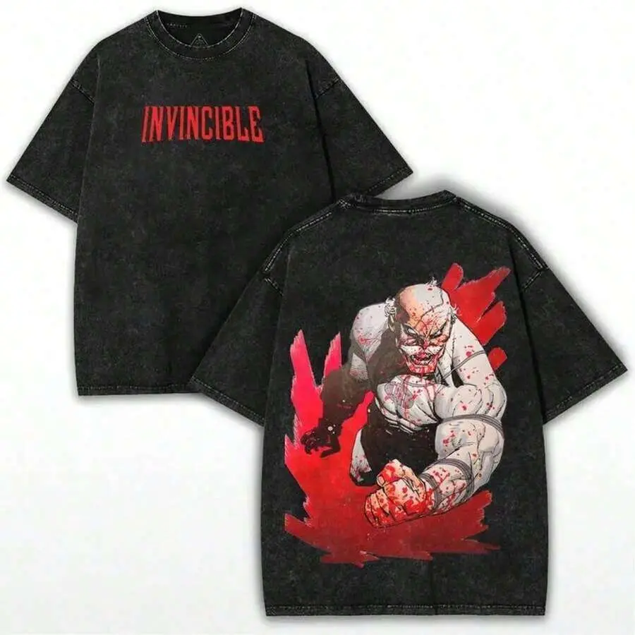 Menswear Round Neck Short-Sleeve Oversized Retro Washed T-Shirt - Double-Sided "Invincible" Text, Brutal Bloody Hero Graphic - Unisex Casual Streetwear Top for Daily & Outdoor Wear