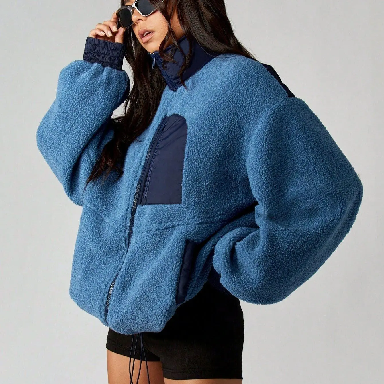 Arssm Women’s Teddy Fleece Jacket – Oversized Sherpa Zip Up Coat, Color Block Cropped Plush Jacket for Y2K Streetwear, Cozy Winter Outfit & Outdoor Aesthetic