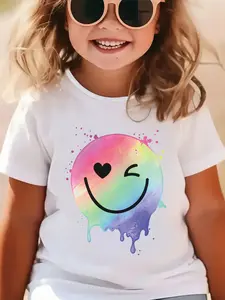 Toddler Girls Cute Rainbow Tie Dye Smiley Face T-Shirt, Kawaii Wink Heart Smile Graphic Tee for Kids, Short Sleeve Cotton Casual Shirt, Gift for Happy & Positive Girls