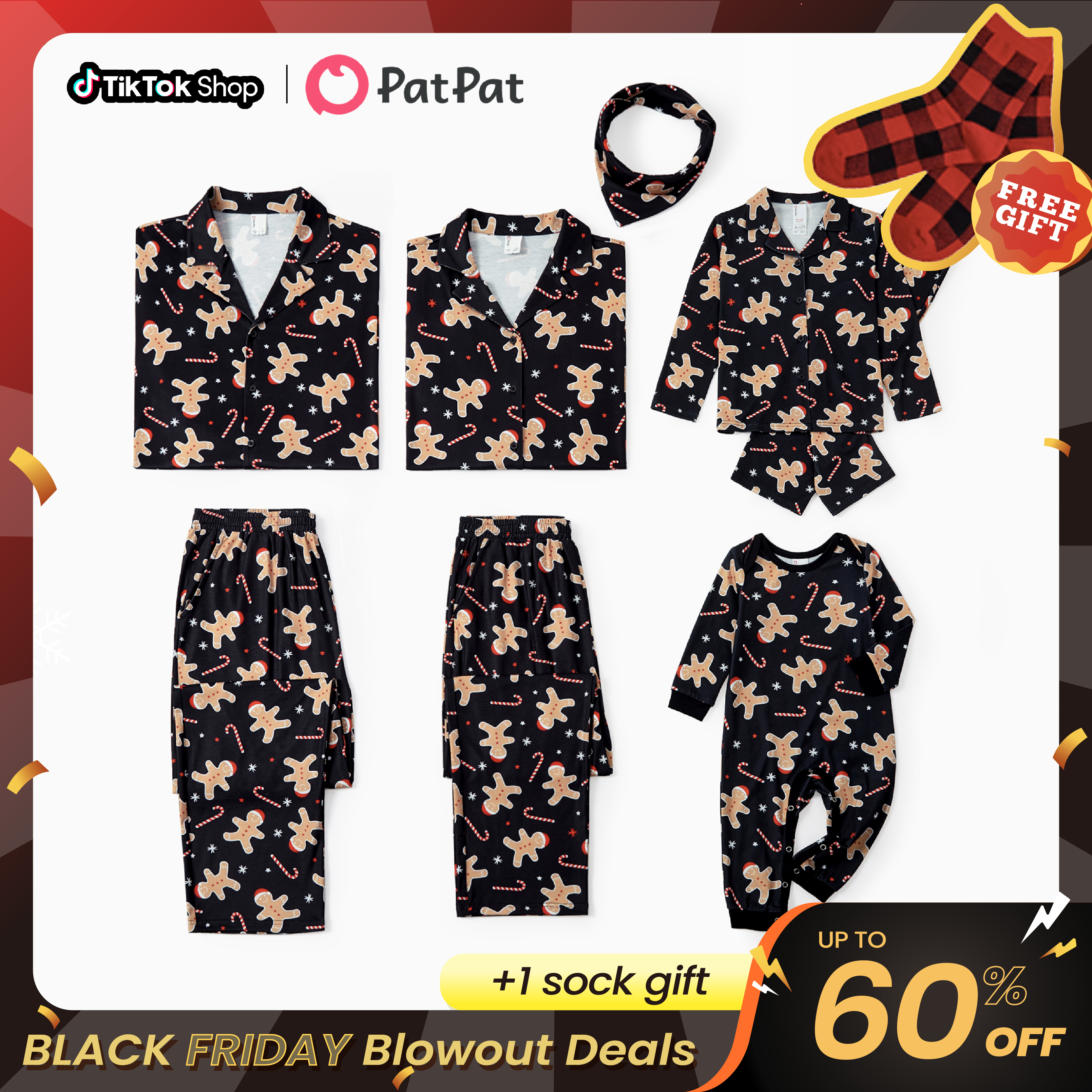 PatPat Christmas Pajamas Soft & Stretchy Family Matching Long Sleeve Sets Gingerbread Patterned Sleepwear for Women Men Couples Adult Kids,Cute Pajam