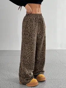 Women's Leopard Print Drawstring Waist  Pants, Loose Casual Comfy Slant Pocket Design Wide Leg Trousers for Daily Wear, Ladies Bottoms for All Seasons