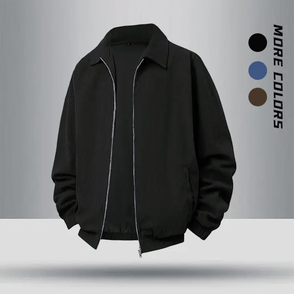 Men’s three-color vertical stripe zip jacket with notched lapel – lightweight casual outerwear suitable for daily commuting, streetwear, short trips, and spring/autumn wear