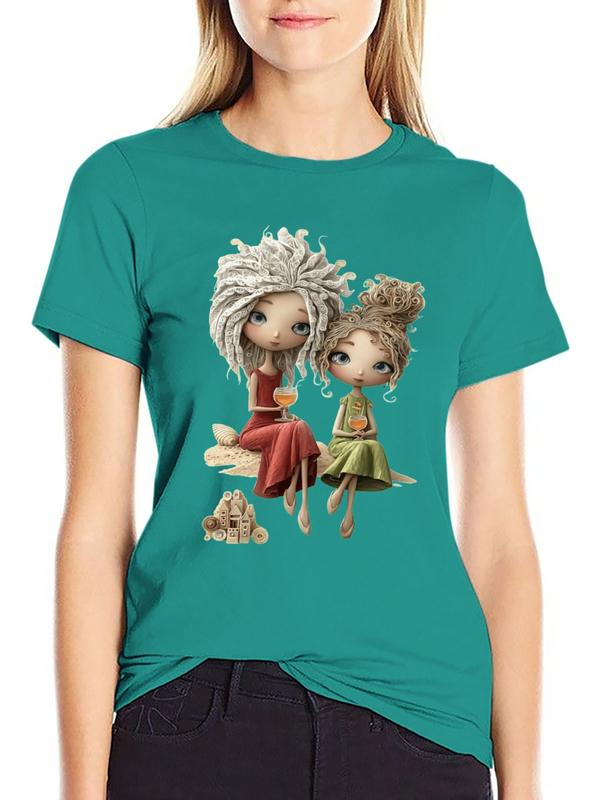 Women's Cotton Whimsical Beach Sandcastle-Wine Graphic Tee, Breathable Fabric, Fitted Minimalist Style, Casual Short-Sleeve Aesthetic Top for Halloween