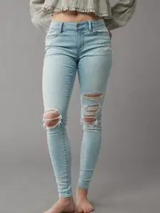 Lady's Low-Rise Ripped Skinny Cotton Light Pants - Women's Denim Jeggings Bottoms