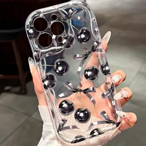 Bow Cherry Pattern Wave Edge Phone Case, Tpu Anti-Drop Protection, Fits iPhone 8/x/XS/XR/XS Max/11/12/13 Pro Max/14/15 Pro Max/16 Pro Max/17 Pro Max/air16 Pro