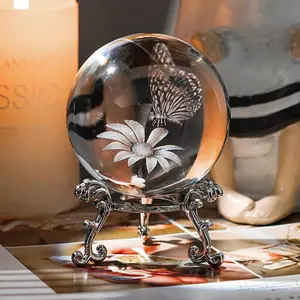 Butterfly & Flower Pattern Glass Ball, 1 Count Cozy Corner Desktop Decorative Ornament, Paperweight with Stand, Home Decoration Art Craft for Living Room Bedroom Study Room, Summer Room Ornaments