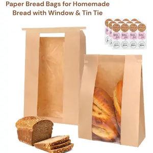Paper Bread Bags for Homemade Bread with Window & Tin Ties, Sourdough Loaf Bags with Stickers, Mother Birthday Gift