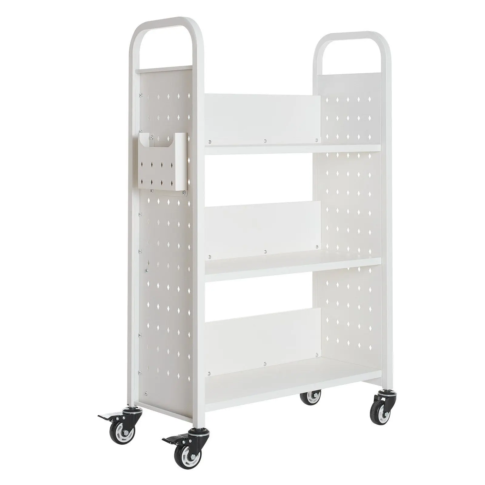 VEVOR 3-Tier Rolling Book Cart Single Sided L-Shaped Shelves Book Truck in White Organiser Racks