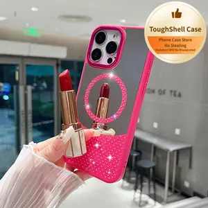 Luxury Customized Magnetic Cellphone Case - Durable Diamond-Encrusted High-End Cover for iPhone 17 Pro Max/16/15/14/13, Color Mirror Design with Portable Handheld Makeup Mirror, Protective Smartphone Casing for Devices
